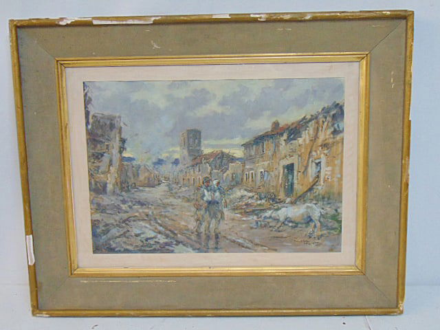 Painting, WI scene with ruined village, two soldier, dead horse, signed Pierre Albert Laroux, (1 of 8)
