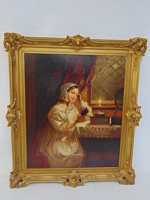 Painting, lady reading book by candlelight, unsigned, oil on canvas laid down on board, painting is (1 of 6)