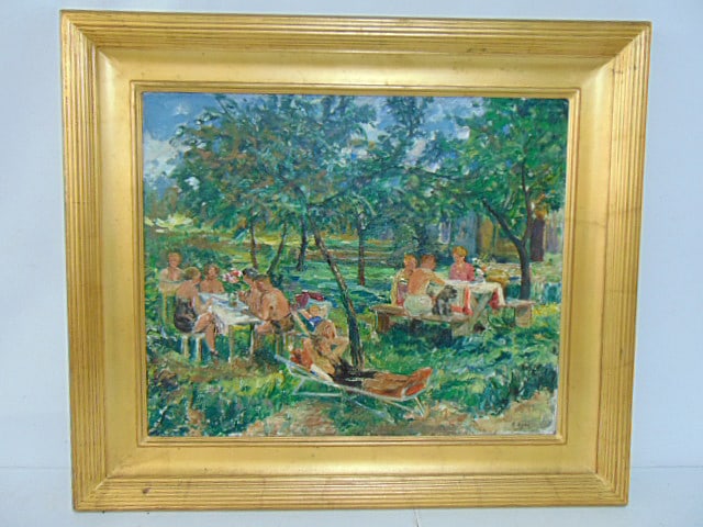 Painting, figures at tables in garden, signed E. (Eloise) Egan, oil on canvas, Eloise Carpenter Egan (1 of 7)