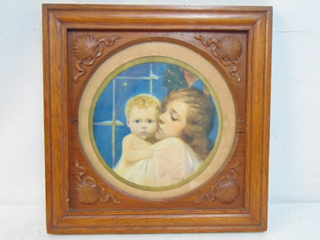 Oak frame with carved seashells in corners, holds print, mother & child, opening is 10.5" (front), (1 of 3)