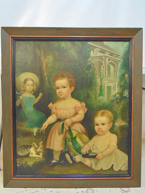 Painting, 3 girls & kitten, one girl on swing, mansion visible in background, on board, 33.5" by (1 of 5)