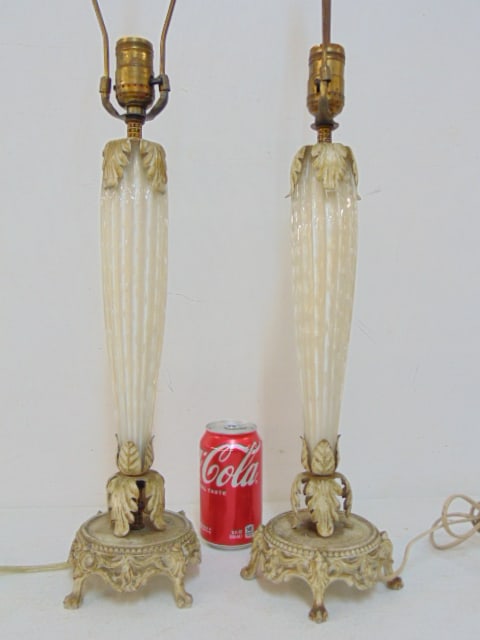 Pair decorative art glass & painted metal table lamps, Murano, height base to socket is 19" (1 of 4)