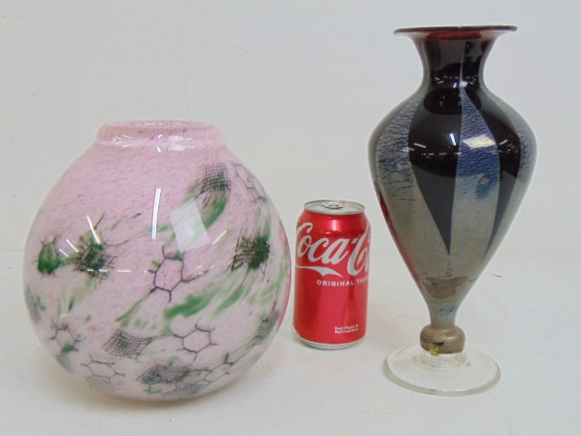 2 art glass vases, pink vase signed Jablonski & footed vase signed illegibly (Amyk Chris? ) in dark (1 of 7)