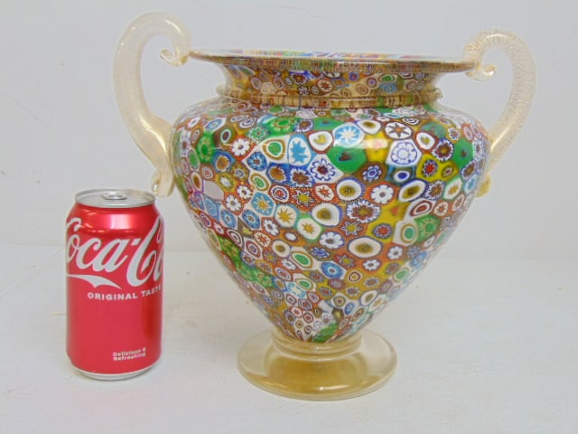 Gambaro & Poggi Murano art glass vase, Italian, gold specks handles, vase is 9.5" tall (1 of 6)
