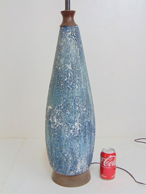 Large Mid Century ceramic table lamp in blue, wood base & collar, height, base to top socket is (1 of 4)