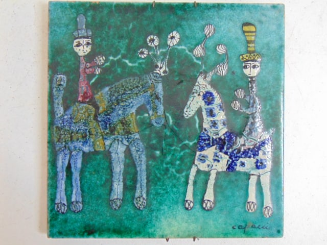 Tile with figures on horseback, signed Capaci (?), tile is 10" by 10": Tile with figures on horseback, signed Capaci (?), tile is 10" by 10"
