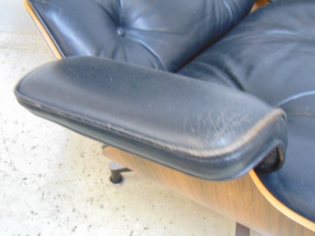 Charles Eames for Herman Miller rosewood chair & ottoman, black leather, in gently used condition, - 10