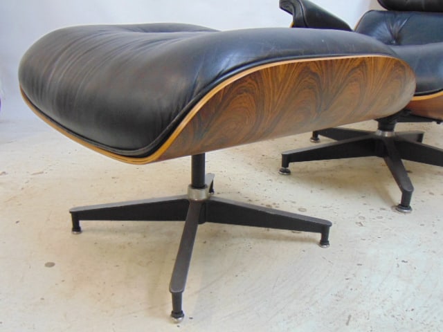 Charles Eames for Herman Miller rosewood chair & ottoman, black leather, in gently used condition, - 2
