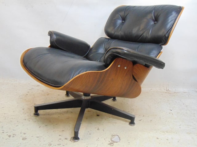 Charles Eames for Herman Miller rosewood chair & ottoman, black leather, in gently used condition, - 3