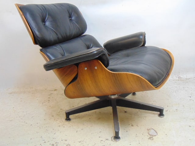 Charles Eames for Herman Miller rosewood chair & ottoman, black leather, in gently used condition, - 5