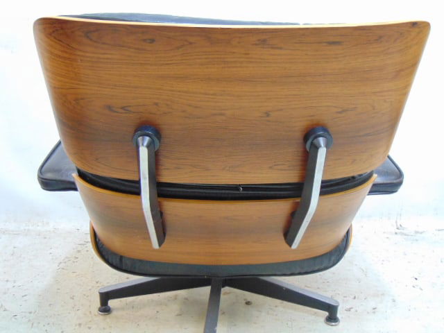 Charles Eames for Herman Miller rosewood chair & ottoman, black leather, in gently used condition, - 6