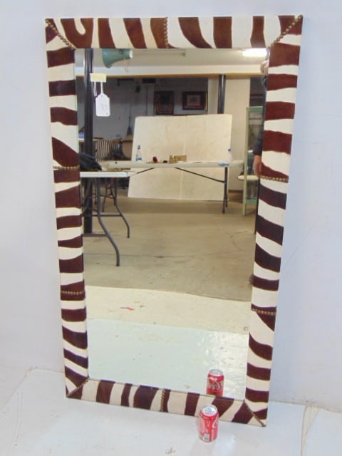 Zebra skin framed mirror, 53.5" by 30", not old, good condition.: Zebra skin framed mirror, 53.5" by 30", not old, good condition.