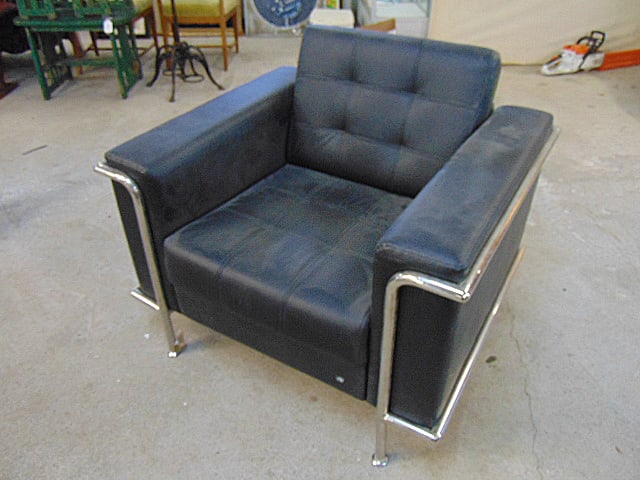 Mid Century style Hercules chair, black vinyl & chrome, chair is 36" wide, 32" deep, height is: Mid Century style Hercules chair, black vinyl & chrome, chair is 36" wide, 32" deep, height is 32.25"