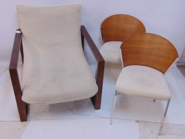 Oversized chair & pair modern curved back chairs, oversized chair has upholstered seat & back (one: Oversized chair & pair modern curved back chairs, oversized chair has upholstered seat & back (one piece), wood frame, large chair is 38" deep, 30.5" wide.