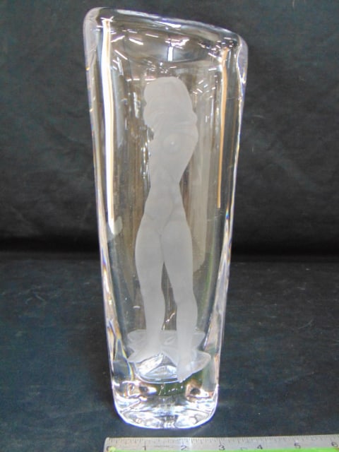 Kosta art glass vase with etched nude figure, clear glass, height is 11.25", good condition: Kosta art glass vase with etched nude figure, clear glass, height is 11.25", good condition
