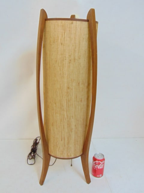 Mid Century table lamp, wood frame with textured cylindrical shade, height is 31.75": Mid Century table lamp, wood frame with textured cylindrical shade, height is 31.75"