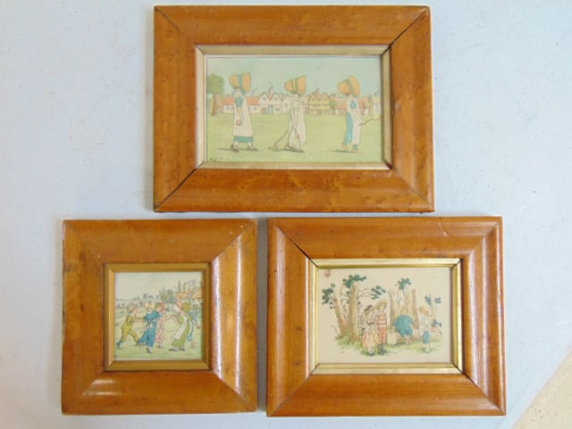 3 prints, children scenes, by Kate Greenaway, in bird's eye maple frames, 6.75" by 9"; 6.25" by 7.5": 3 prints, children scenes, by Kate Greenaway, in bird's eye maple frames, 6.75" by 9"; 6.25" by 7.5" & 6" by 6"