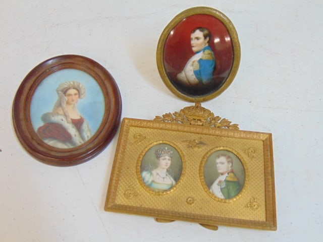 3 Napoleonic framed miniatures, portrait Napoleon, Josephine & double portrait in bronze frame, (1 of 7)