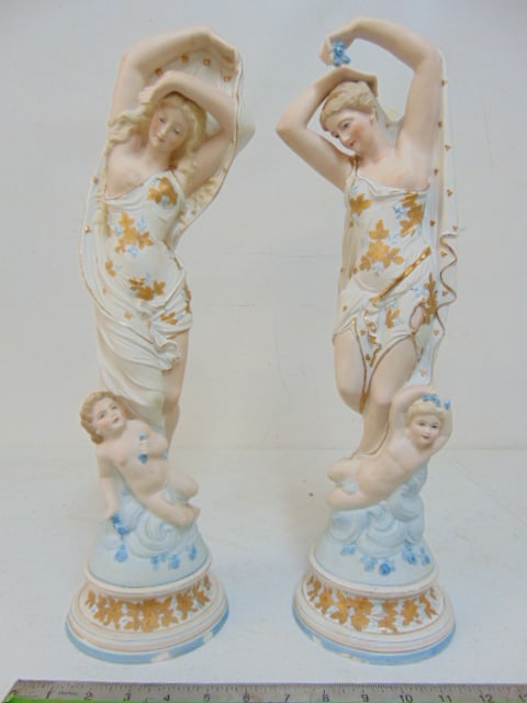 Pair bisque porcelain figures, women with putti, gilt detail, height is 18.5", both have several (1 of 6)