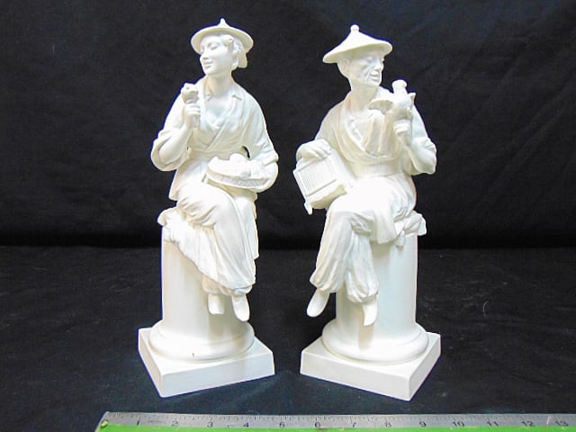 2 Royal Worcester white bisque Asian figures, Modelled by A. Azori, "L'Oiseau" & "La Fleur", height: 2 Royal Worcester white bisque Asian figures, Modelled by A. Azori, "L'Oiseau" & "La Fleur", height is 11.5", in good condition.