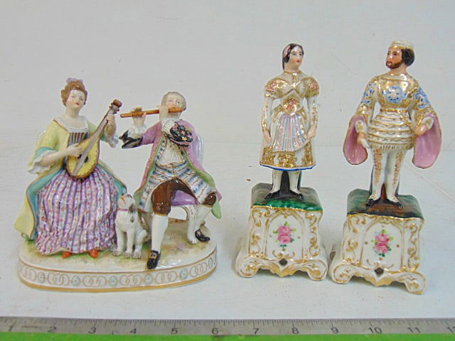 Porcelain figurines, pair of figural vases, man & woman on pedestal, holds single flower & Dresden (1 of 10)