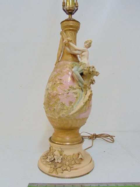 Porcelain table lamp decorated with mermaid type figure, pink porcelain vase on wood base, height (1 of 5)