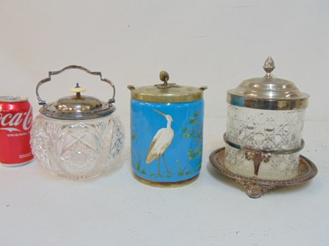 3 Victorian biscuit barrels with silver plated lids, handles, 2 are cut glass, one is enameled glass (1 of 8)