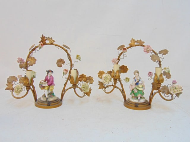 Pair French porcelain & brass boudoir lamps with applied porcelain flowers, two sockets each, lamps (1 of 6)