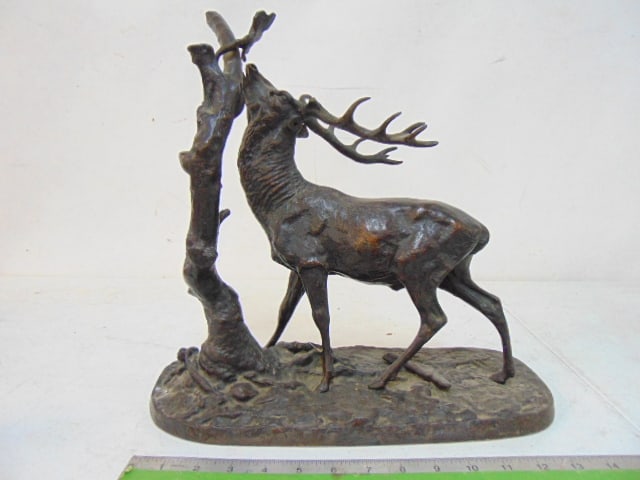Bronze deer by tree, unsigned, base is 15" by 6.75", height is 14.5", missing an ear (1 of 5)