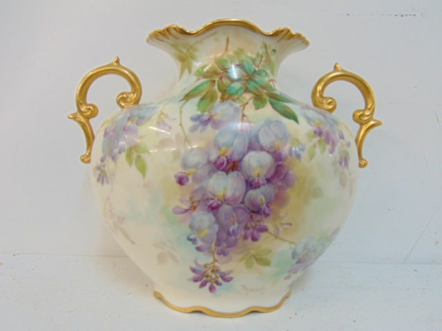 Willets Belleek floral decorated vase, artist signed, gilt handles, rim, vase is 8.5" tall, 9.75": Willets Belleek floral decorated vase, artist signed, gilt handles, rim, vase is 8.5" tall, 9.75" wide, 5.75" deep, in good condition