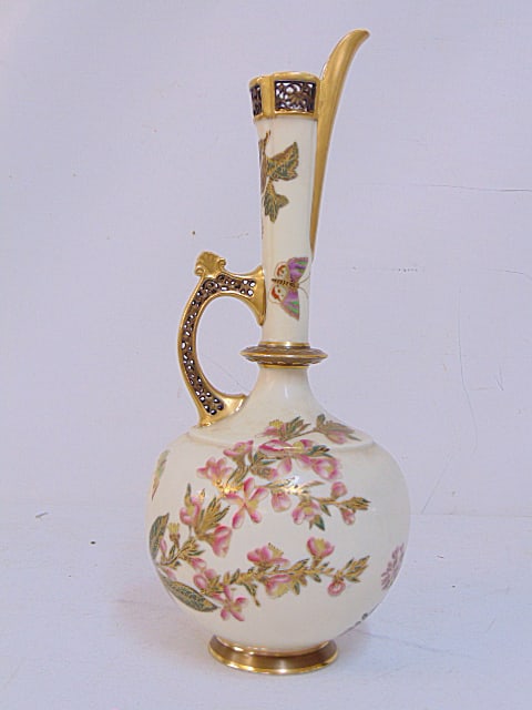 Royal Worcester ewer, floral decorated, small chip on base rim, height is 14.5" (1 of 6)