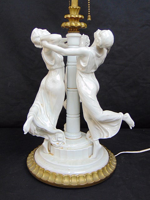 Bronze & porcelain figural lamp, "Festreigen", K. Himmelstoss for Rosenthal, 3 ladies dancing around: Bronze & porcelain figural lamp, "Festreigen", K. Himmelstoss for Rosenthal, 3 ladies dancing around pole, white porcelain with bronze base & column, base to top ladies is 14", total height is 31", no