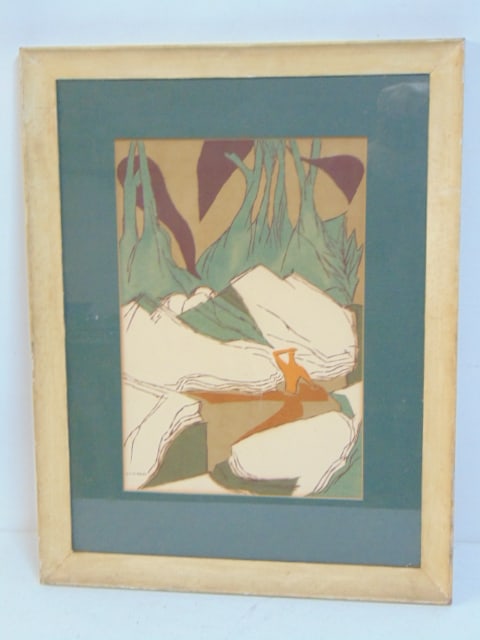 Serigraph, figure in stream, signed H. (Hulda) Robbins, art is 17.5" by 11.75", frame size is 26.5" (1 of 4)