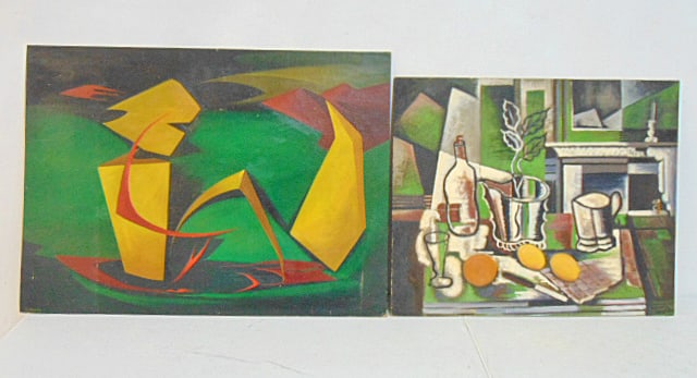 2 paintings, abstract & fruit still-life, signed H. Crowley, oil on canvas board, 20" by 24" & 22": 2 paintings, abstract & fruit still-life, signed H. Crowley, oil on canvas board, 20" by 24" & 22" by 30"