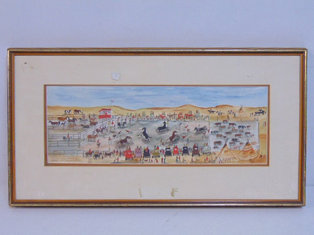Painting, Riverside rodeo, Peigan reservation, 1960, Irene McCaugherty, 1985, watercolor, (1 of 6)