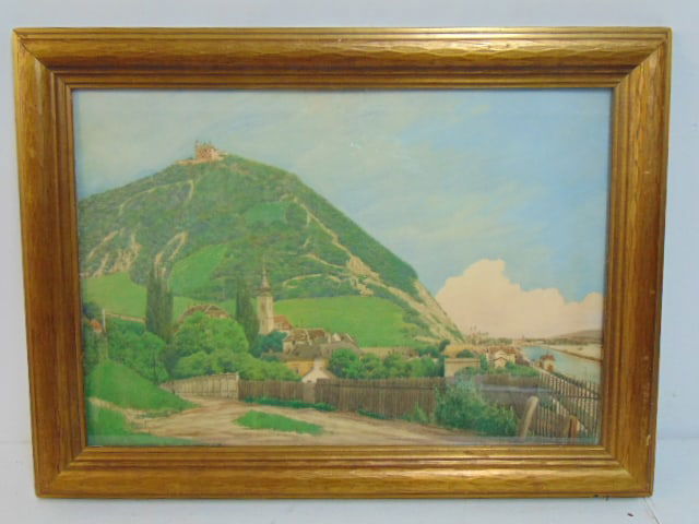 Painting, Austrian landscape with river, castle on mountain, possibly Durnstein, signed Illegibly, (1 of 7)