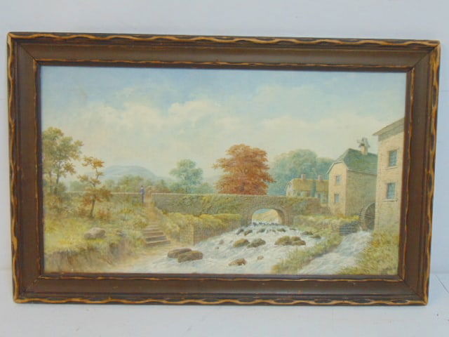 Painting, figure on stone bridge by watermill, river, unsigned, watercolor, 13" by 22.75"17" by 27: Painting, figure on stone bridge by watermill, river, unsigned, watercolor, 13" by 22.75"17" by 27 5/8" framed