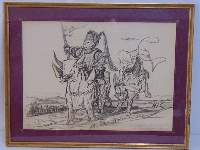 Charcoal drawing, political satire, FDR, New Deal, signed "HIC", "Don Franqui and his Varlet set (1 of 7)