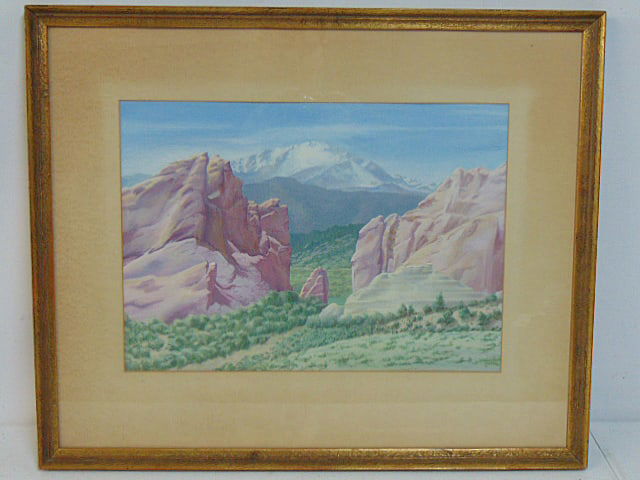 Painting, mountain landscape, signed Warren (Charles Wyatt??), watercolor, 12" by 16.75" 20.25" (1 of 4)
