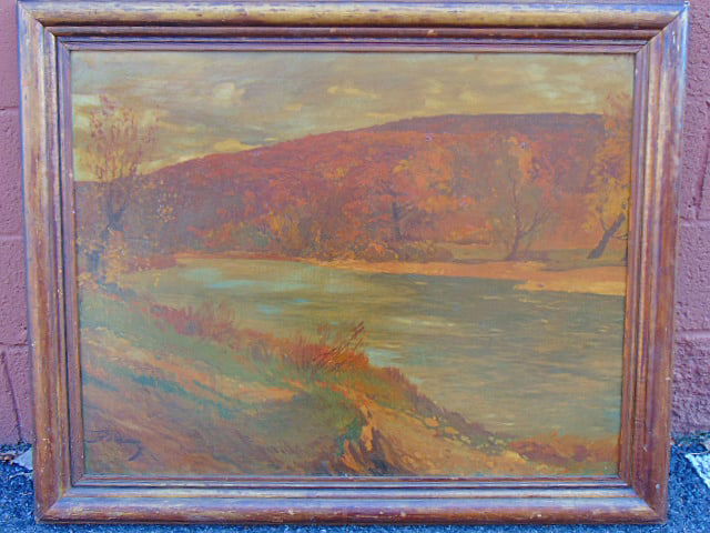 Painting, stream in fall landscape, signed Boksay (J.J.), oil on canvas, in brown hues, canvas is 26 (1 of 6)