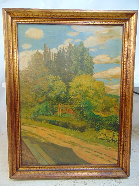 Painting, garden or park scene with steps, signed Boksay, 1928, oil on canvas, 42.5" by 30.5", (1 of 6)