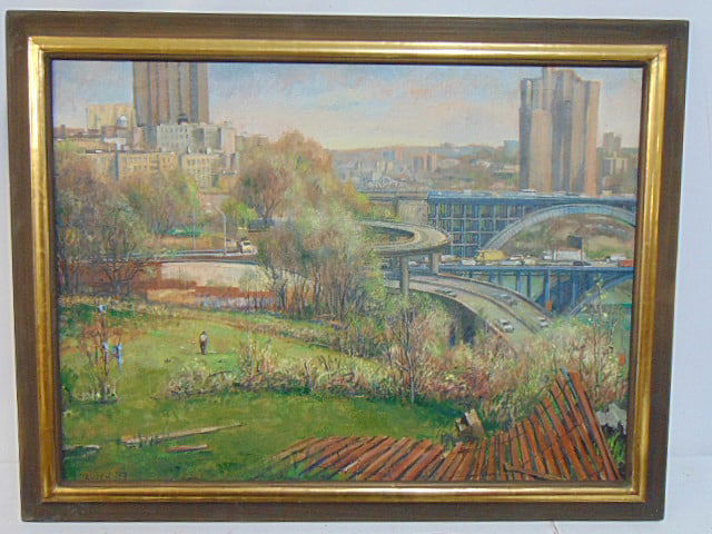 Painting, NYC, view from High Bridge, signed Hauben '97 (Daniel), Bronx, Manhattan interchange, oil (1 of 6)