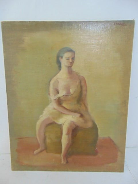 Painting, portrait seated woman, signed Kerkam (Earl Cavis), oil on canvas board, 30" by 24": Painting, portrait seated woman, signed Kerkam (Earl Cavis), oil on canvas board, 30" by 24"