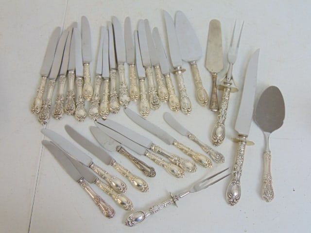 Large lot sterling handles, knives, serving pieces, 31 handles total (1 of 4)