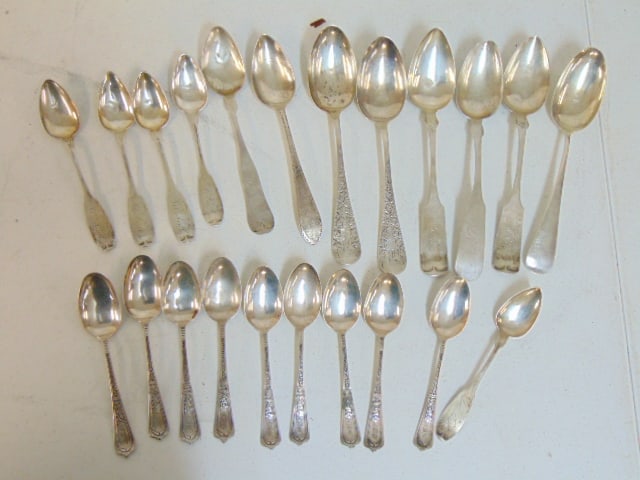 Lot coin & sterling silver spoons, 18.5 troy, various makers, B.E. Cook, pure coin, Webster & Co, (1 of 8)