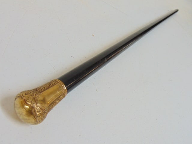 Walking cane with 14K gold knob, dated 1865, 34" long: Walking cane with 14K gold knob, dated 1865, 34" long