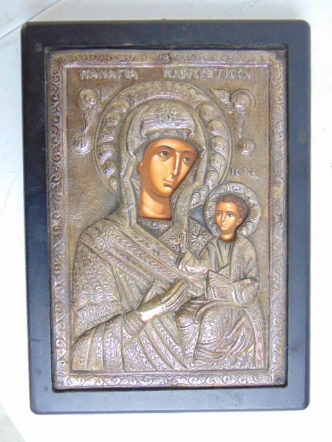 Greek silver icon, Mary & Child, 8.75" by 6 3/8", not old: Greek silver icon, Mary & Child, 8.75" by 6 3/8", not old