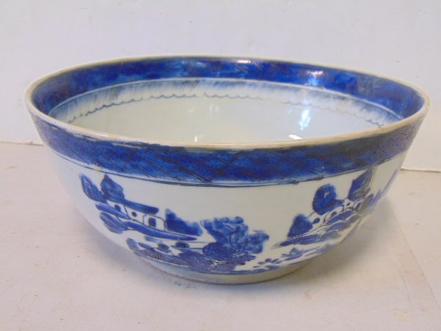 Chinese Canton blue & white porcelain bowl, old repairs, inside partially painted, bowl is 10" in: Chinese Canton blue & white porcelain bowl, old repairs, inside partially painted, bowl is 10" in diameter, height is 4 3/8"