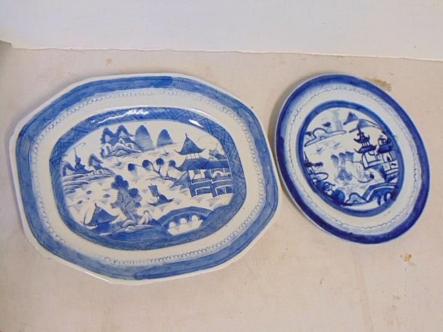 Chinese porcelain blue & white platter & round plate, Canton, platter is 10.5" by 13.25", plate is: Chinese porcelain blue & white platter & round plate, Canton, platter is 10.5" by 13.25", plate is 10 3/8" in diameter