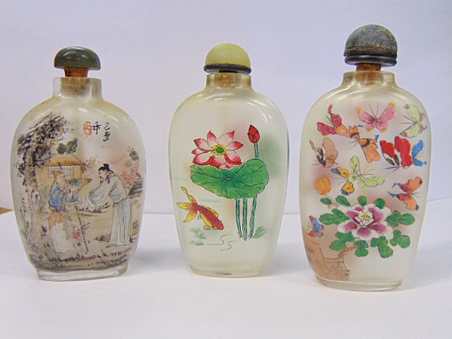 3 reverse painted Chinese glass snuff bottles, one decorated with figures, signed, other two painted (1 of 8)